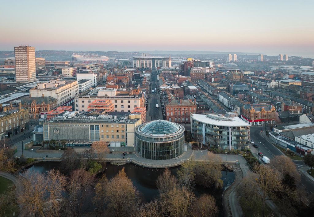 Aerial view of Sunderland during winter